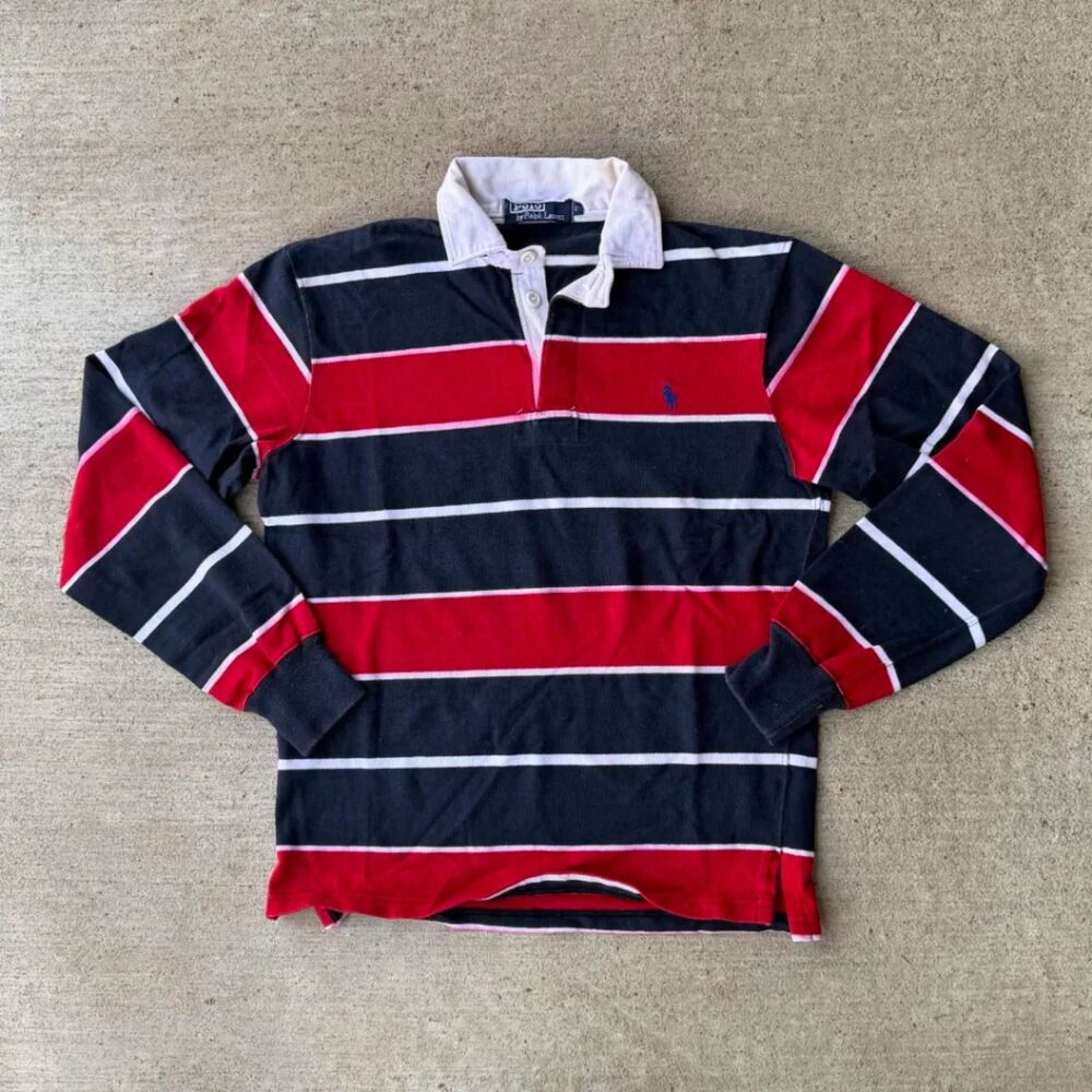 Vtg 90s Polo Ralph Lauren Striped Rugby Shirt Navy Red White Long Sleeve Sz S